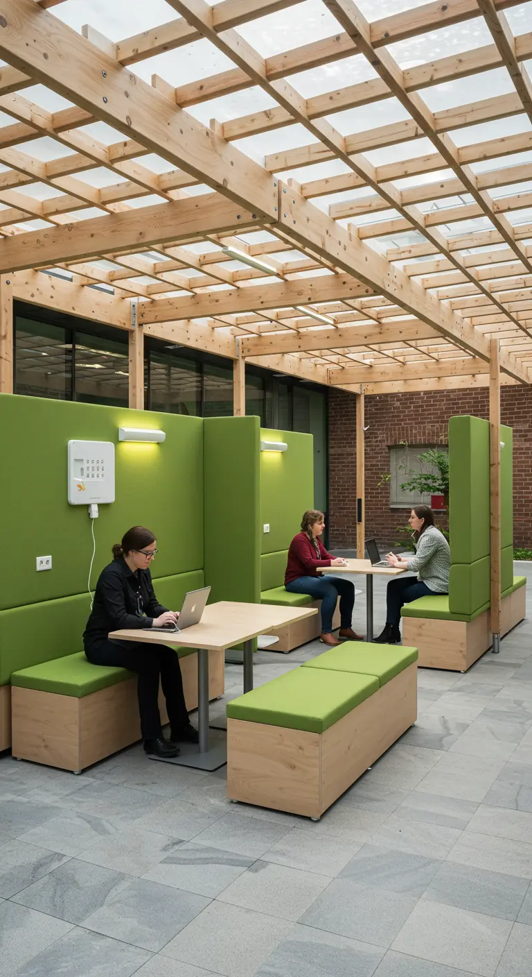 Pergola en bois abritant des cabines de travail vertes avec des personnes sur des ordinateurs portables.