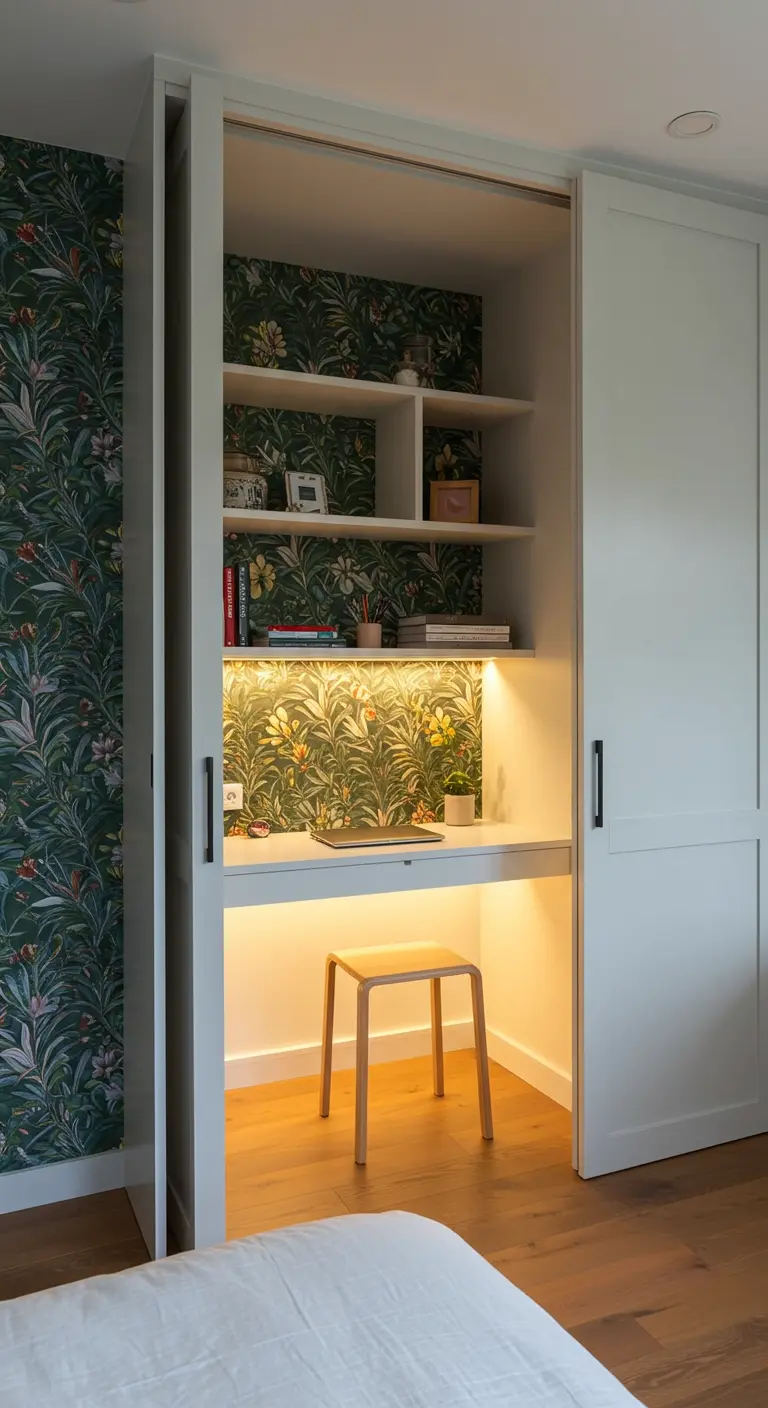 Bureau caché à l'intérieur d'un placard blanc avec portes coulissantes et éclairage intégré.