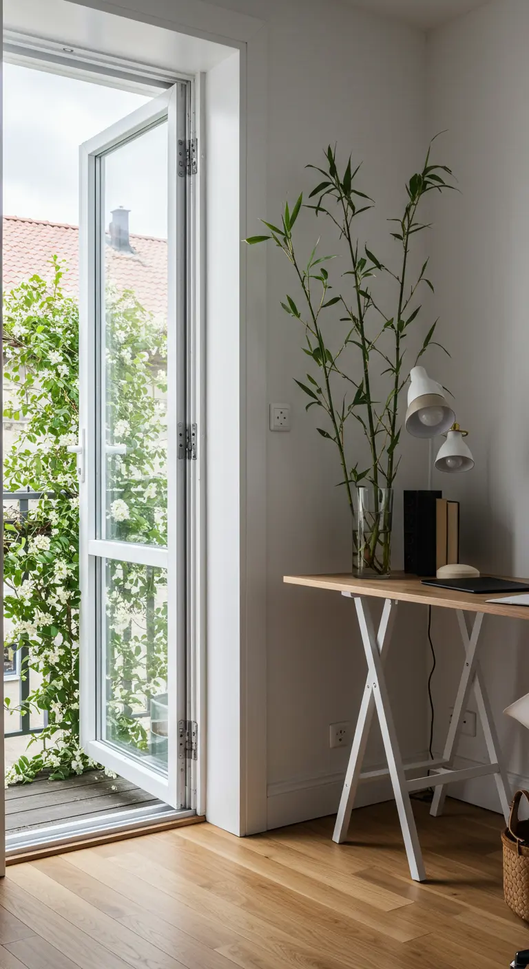 Bureau simple près d'une porte-fenêtre ouverte sur un balcon verdoyant, avec du bambou dans un vase.