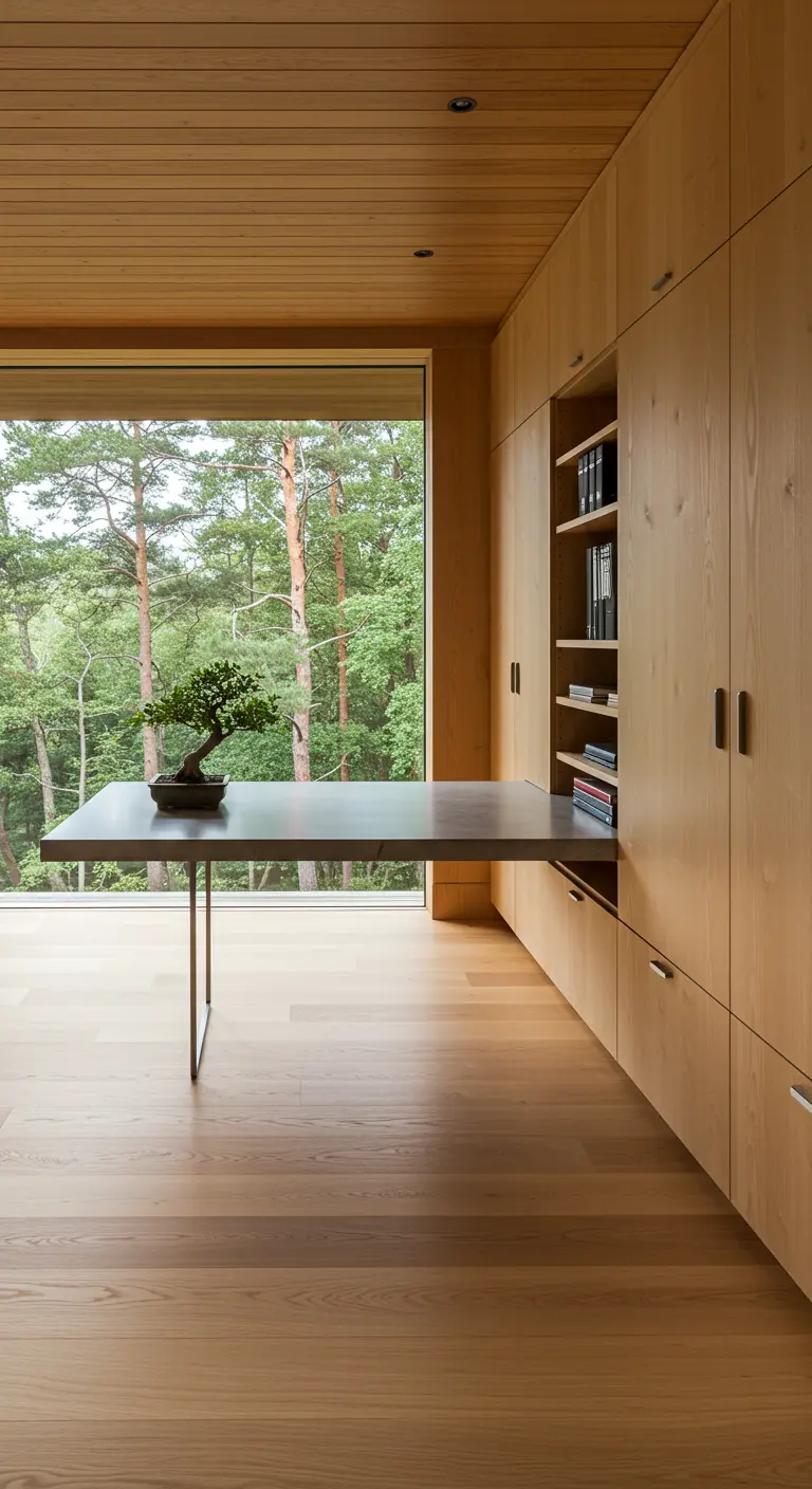Bureau en béton flottant devant une grande fenêtre, intégré à des placards en bois.