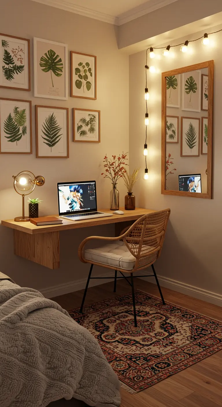 Coin bureau flottant dans une chambre avec mur de cadres botaniques.