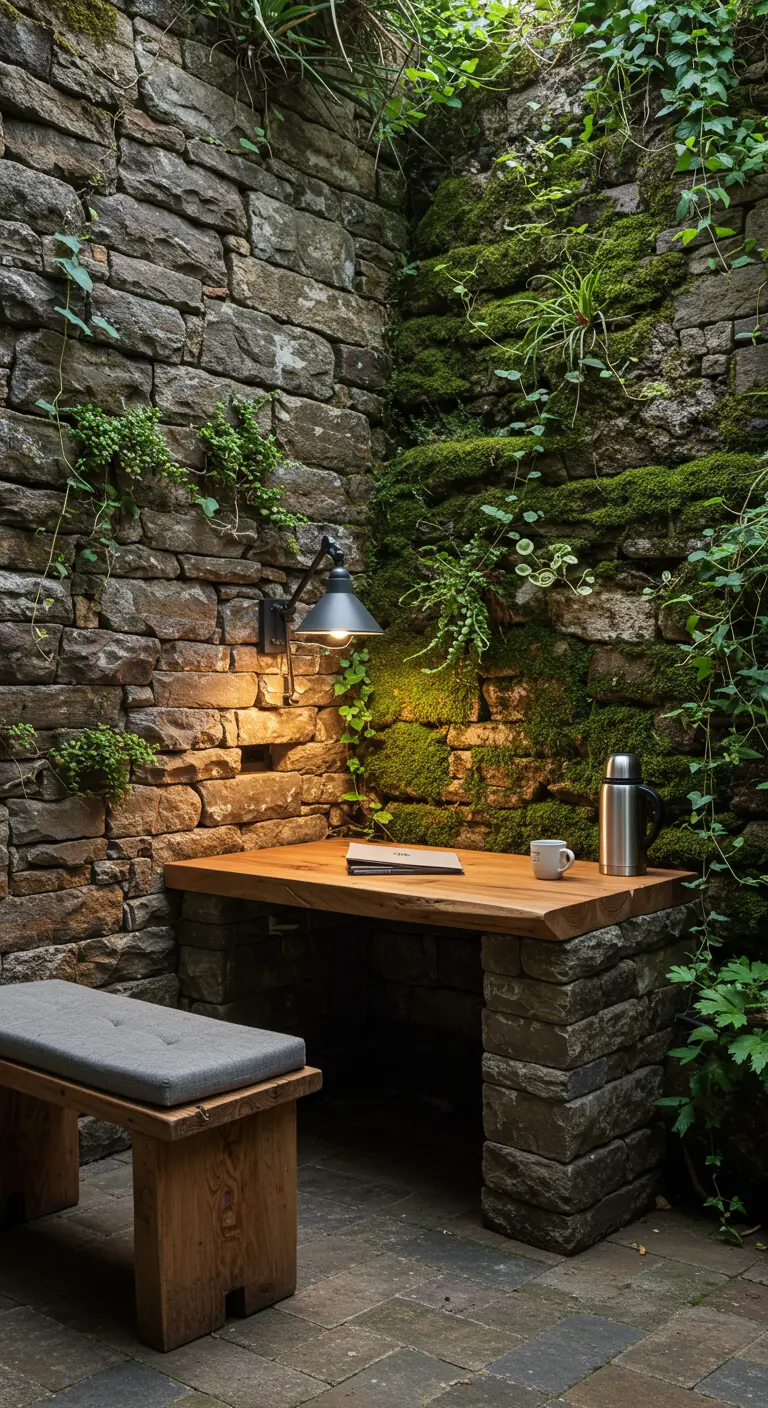 Bureau d'extérieur aménagé dans une alcôve rocheuse avec table en bois et éclairage LED.