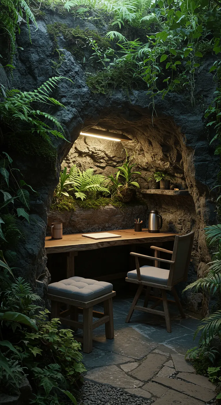 Bureau dans une grotte végétale avec table en bois, mobilier confortable et plantes luxuriantes.