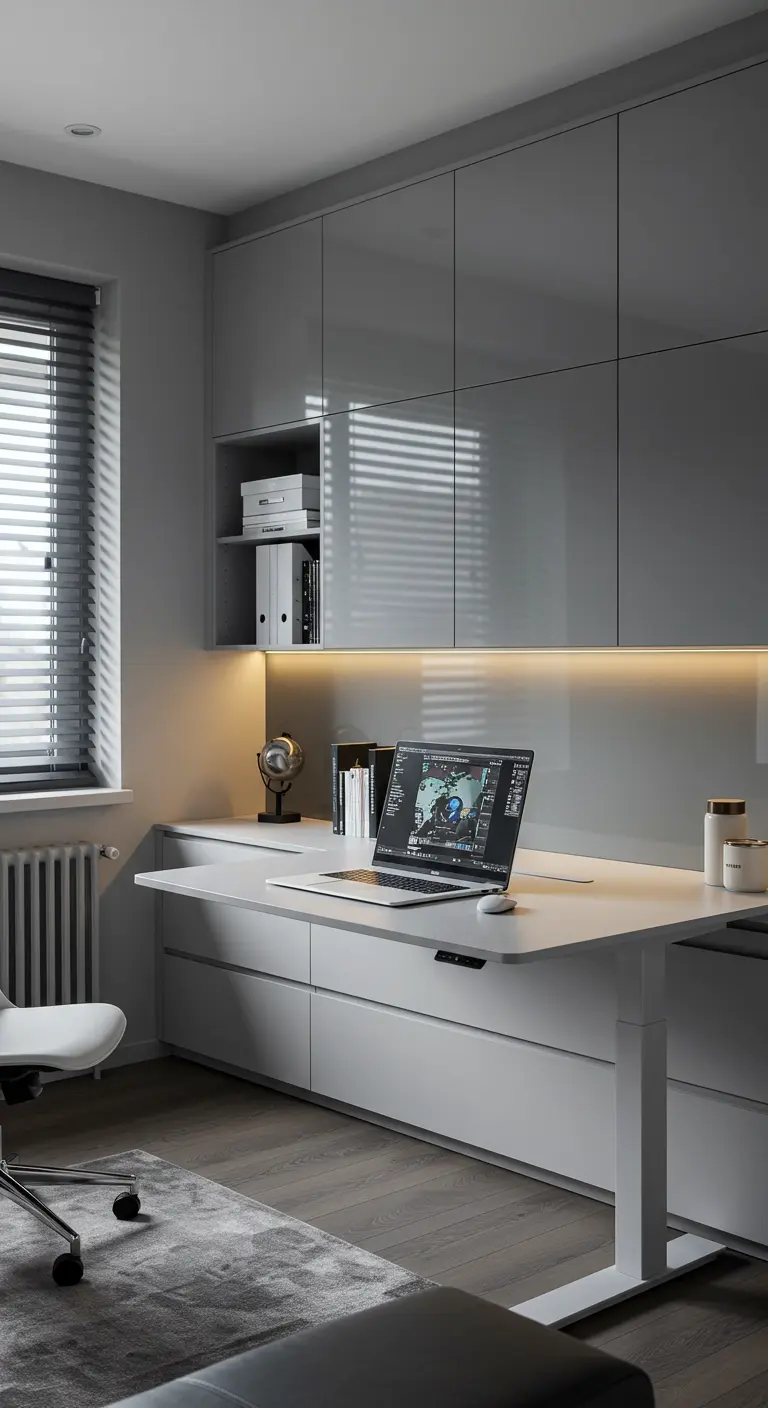 Bureau assis-debout moderne intégré dans un mur de rangements gris avec éclairage LED.