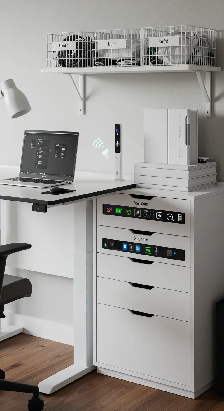 Bureau moderne blanc avec un caisson de rangement intelligent, des étiquettes numériques et un ordinateur portable.