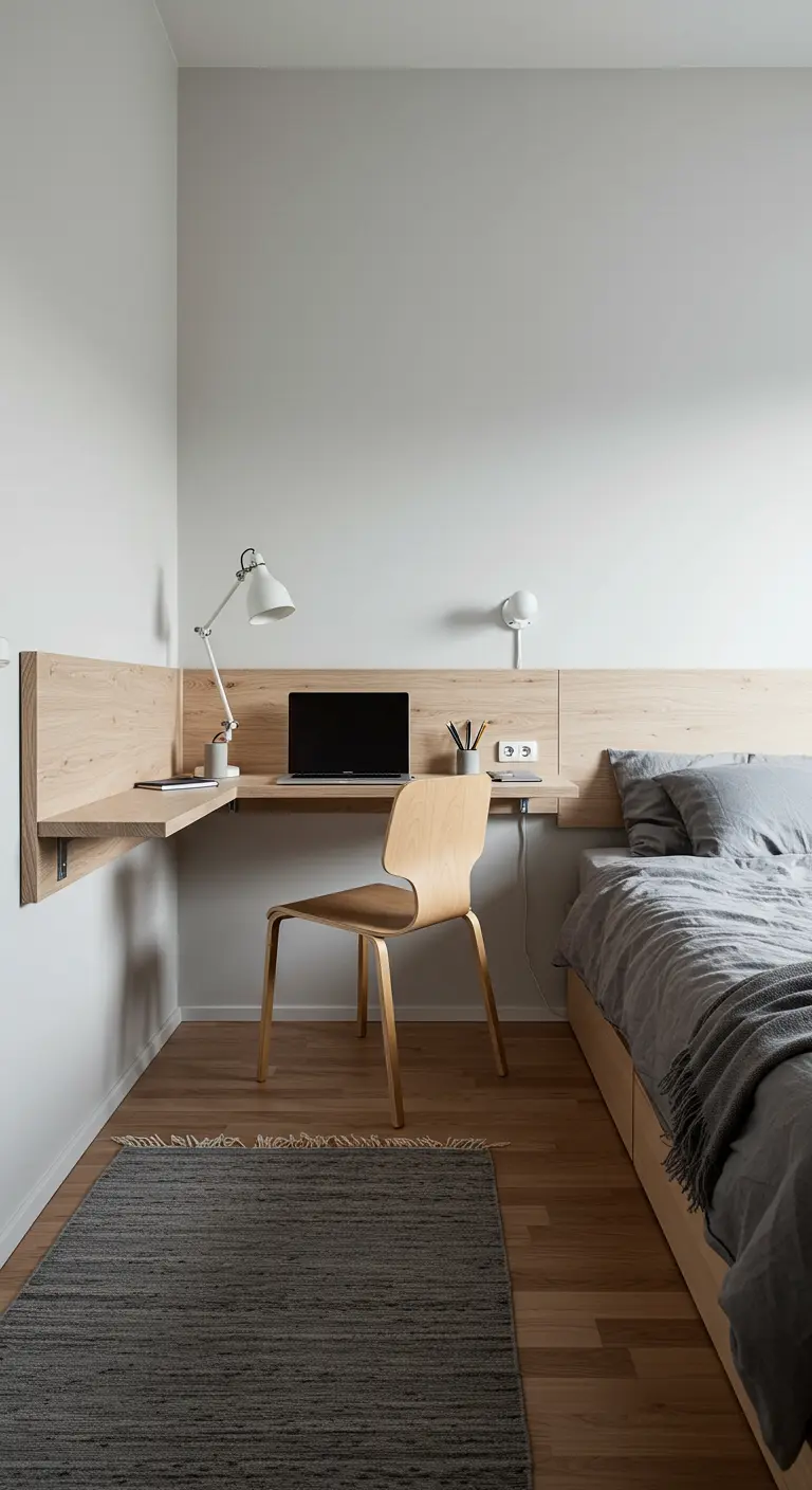 Longue tête de lit en bois qui se prolonge pour former un bureau mural dans une chambre.