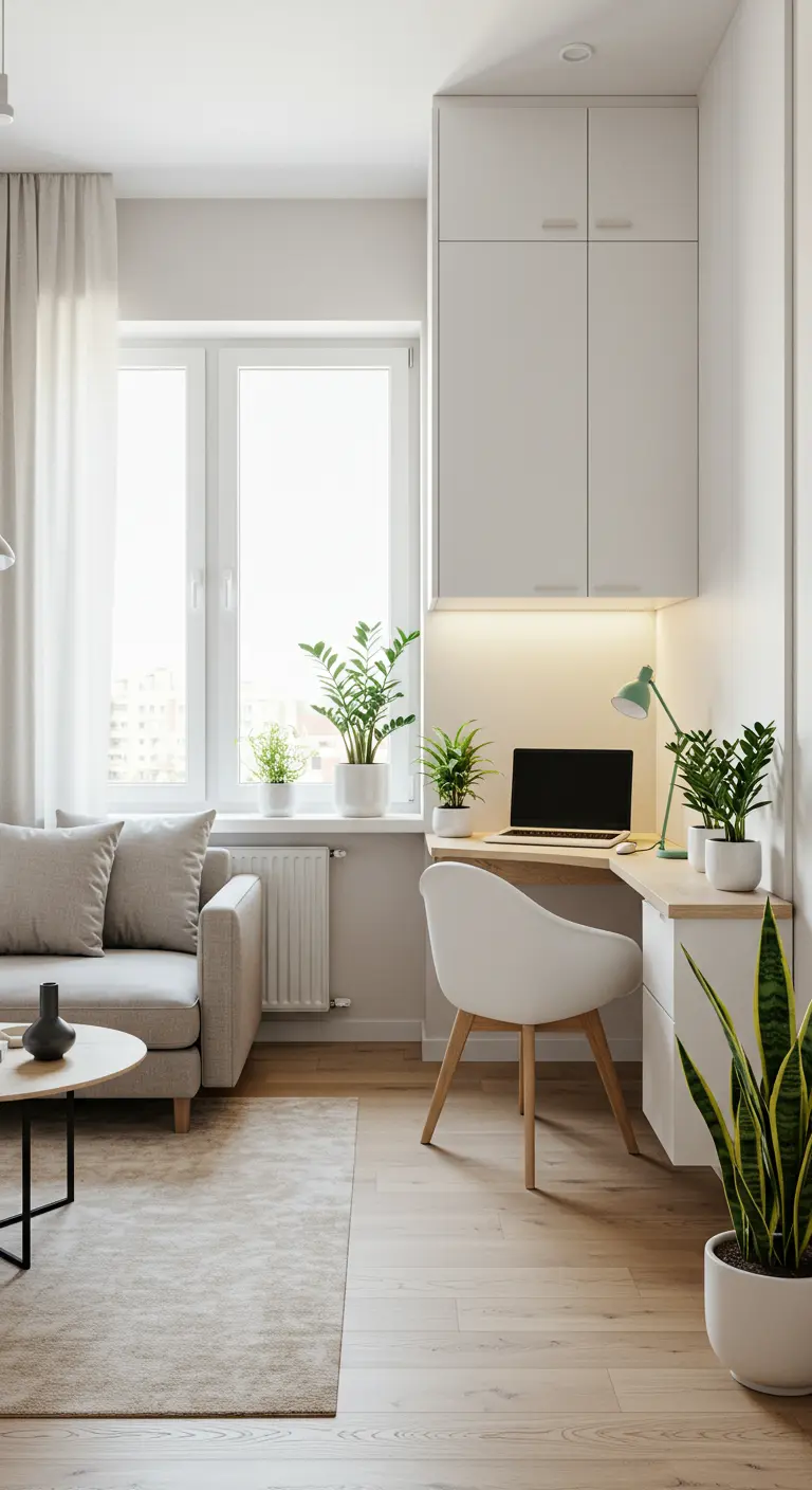Petit salon avec un coin bureau intégré sous des placards blancs.