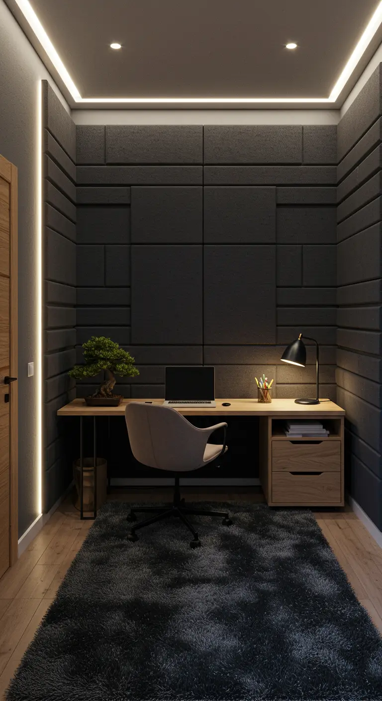 Petit bureau sombre avec panneaux acoustiques, bureau flottant et bonsaï.