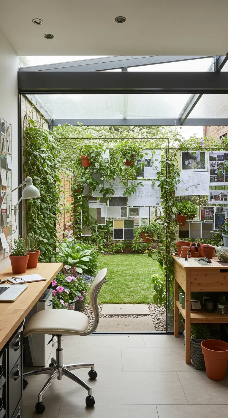 Bureau de paysagiste ouvert sur un jardin, avec des plantes grimpantes.