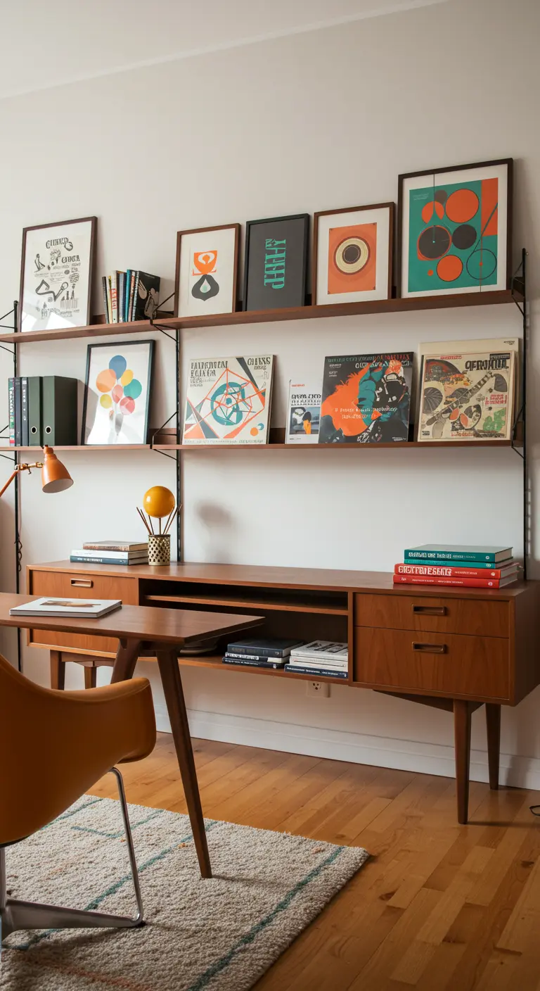 Bureau de style Mid-Century avec des étagères murales modulaires et une collection d'affiches graphiques.