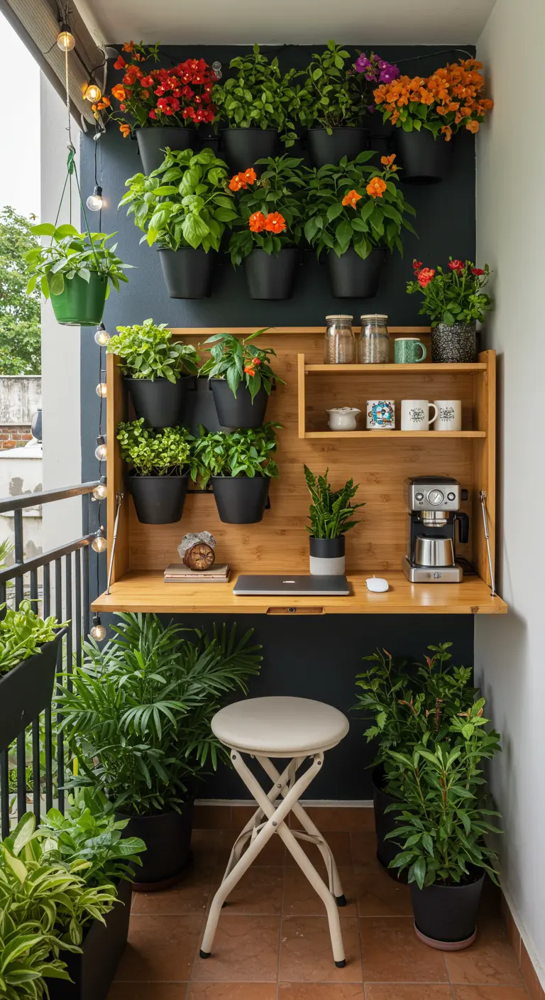 Bureau mural escamotable en bambou sur un petit balcon, avec mur végétal vertical et guirlande.