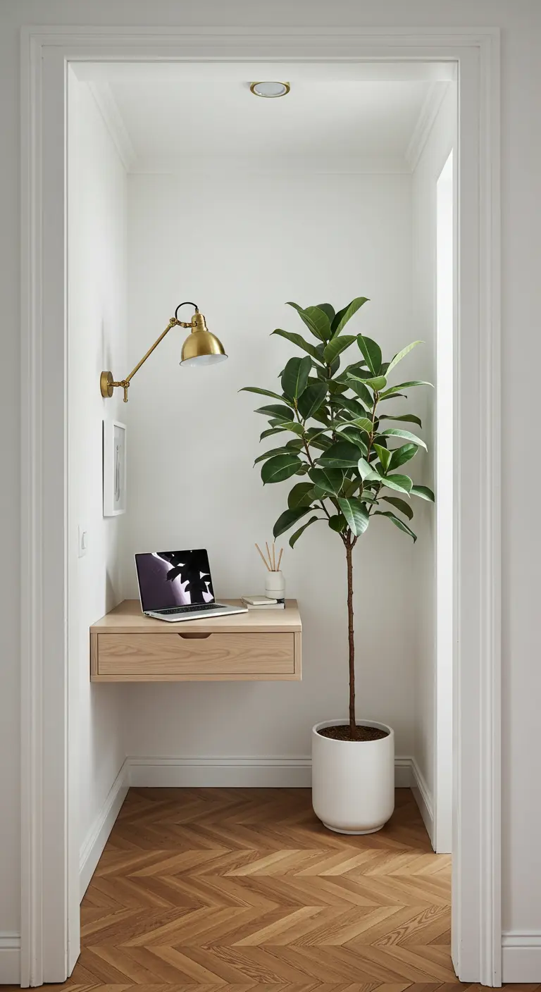 Petit bureau flottant installé dans une niche murale, éclairé par une applique en laiton.