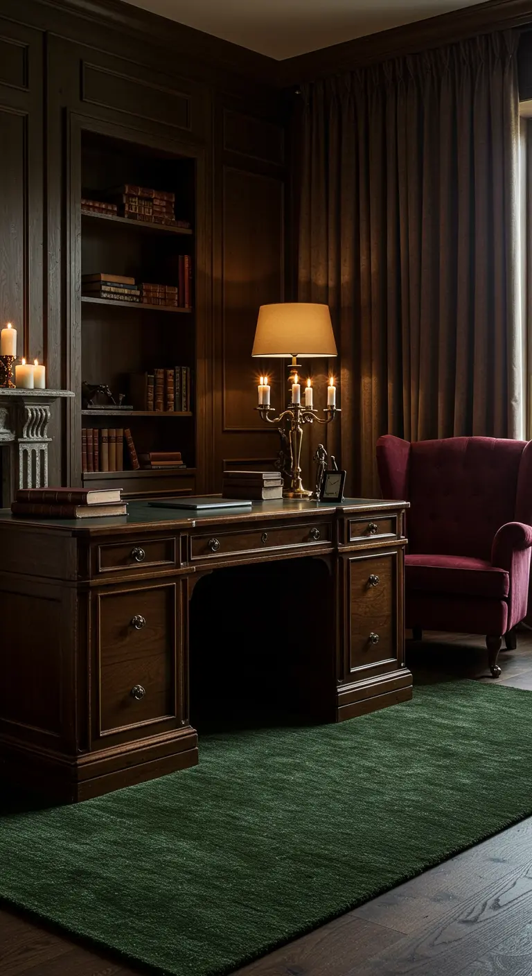 Bureau en bois foncé, tapis vert, fauteuil bordeaux, bougies, ambiance studieuse.