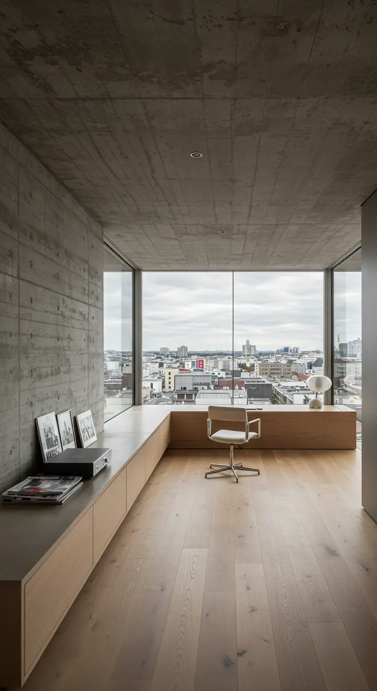 Long bureau en béton et bois devant une baie vitrée offrant une vue sur la ville.