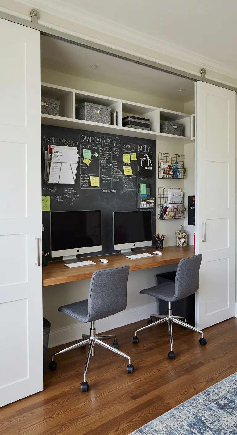 Long bureau pour deux personnes dans un placard avec un mur en ardoise.