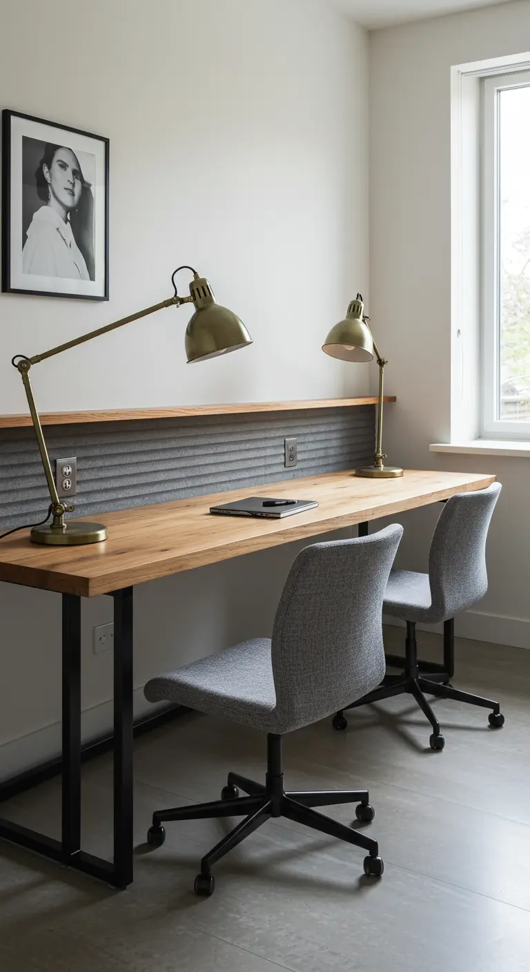 Long bureau en bois pour deux personnes, avec un panneau acoustique en feutre gris au mur.
