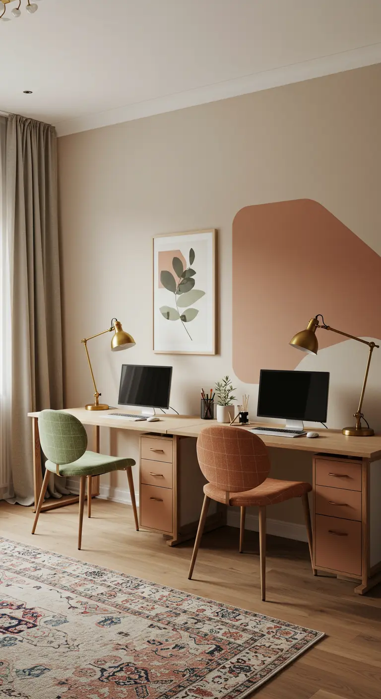Long bureau double en bois avec deux chaises de couleurs différentes et des lampes dorées.