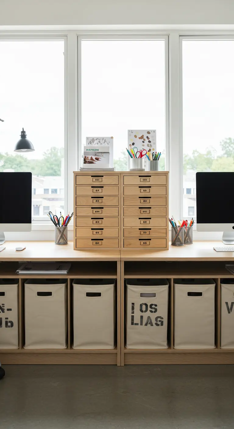 Bureau double avec un module de rangement central à tiroirs en bois et des paniers en tissu.