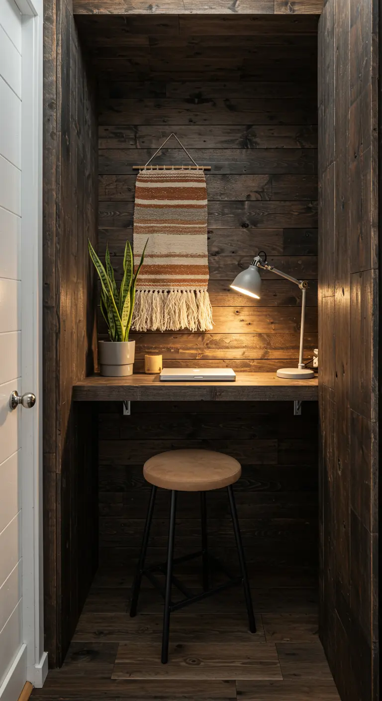 Petit bureau aménagé à l'intérieur d'un placard avec des murs en bois sombre.
