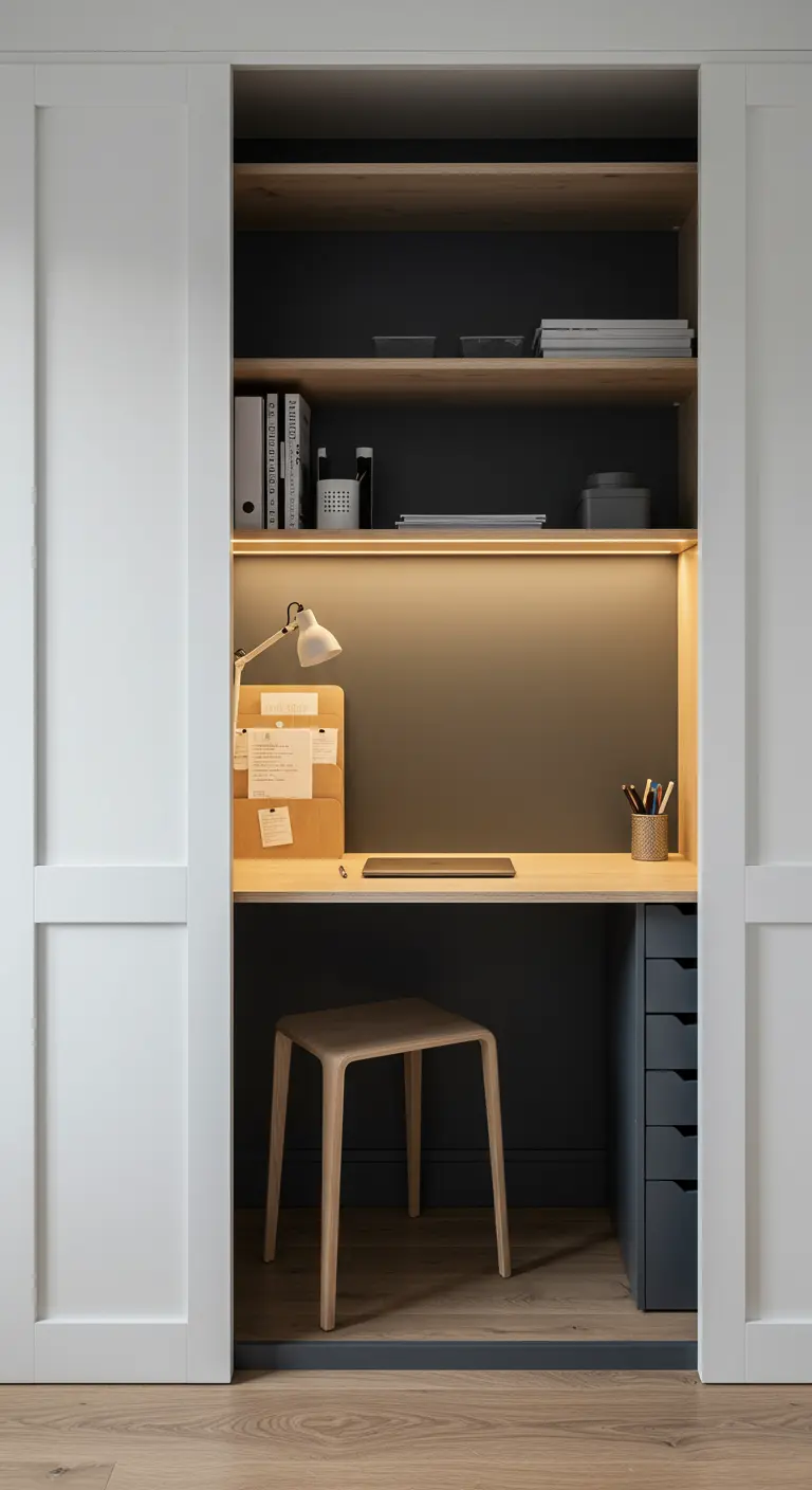Bureau caché dans un placard avec éclairage LED intégré et étagères.