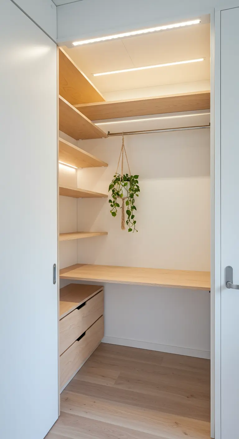 Bureau aménagé dans un placard ouvert avec étagères en bois.