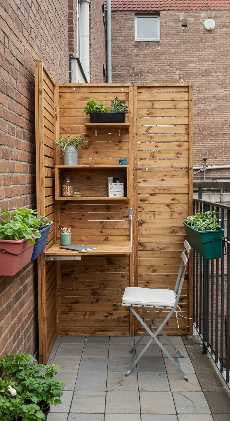 Paravent en bois multifonctionnel avec un bureau et des étagères pliables.