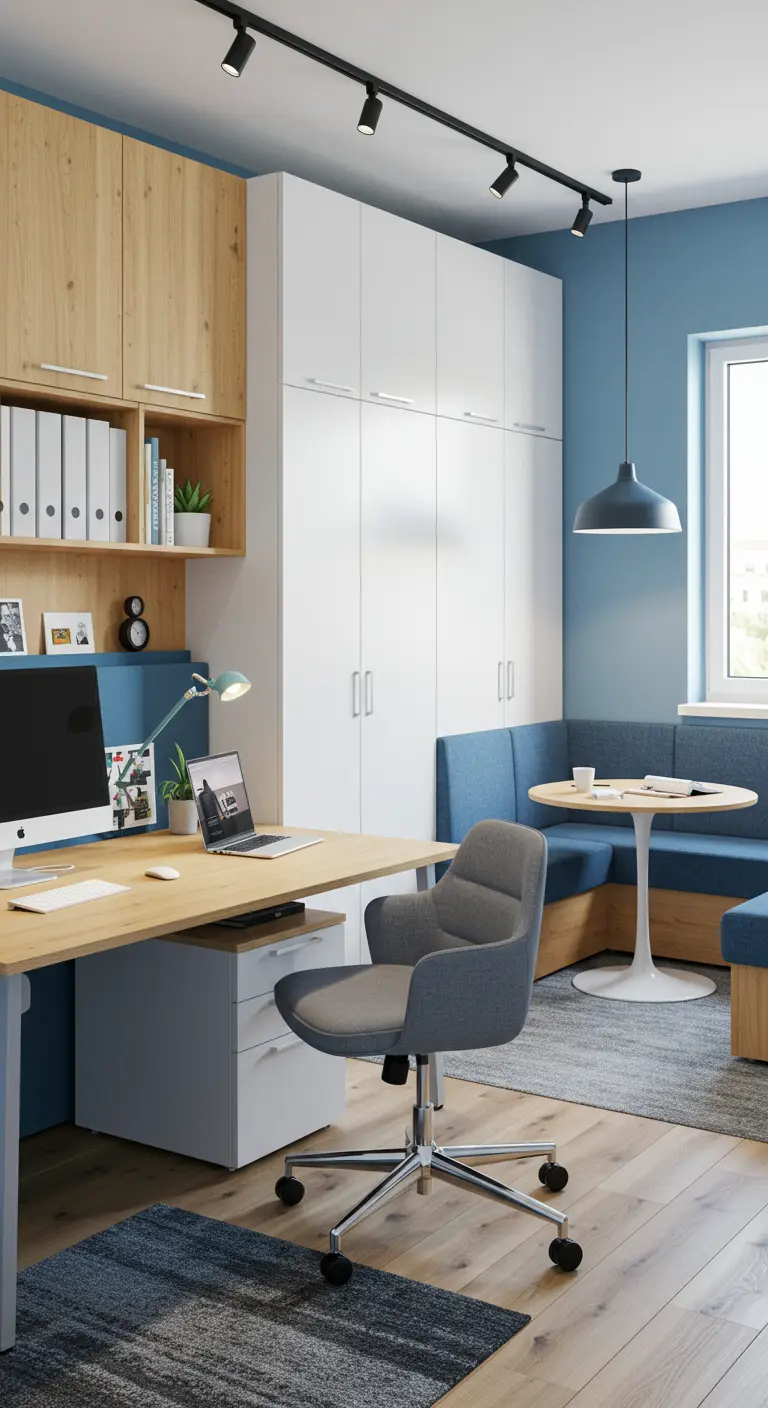 Bureau polyvalent avec banquette intégrée, table ronde et rangements dissimulés.