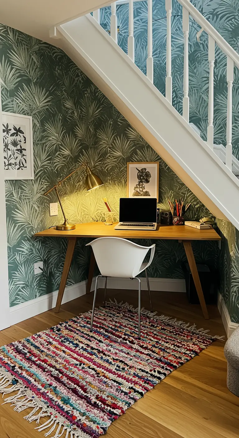 Bureau aménagé sous un escalier avec papier peint à motif de feuilles.