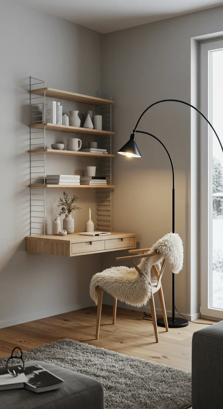 Bureau mural en chêne clair avec étagères, lampadaire noir et chaise couverte de peau de mouton.
