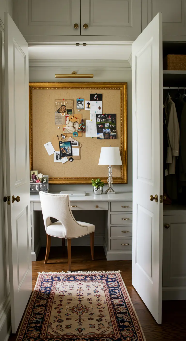 Bureau classique dans un placard, avec un grand tableau en liège dans un cadre doré.