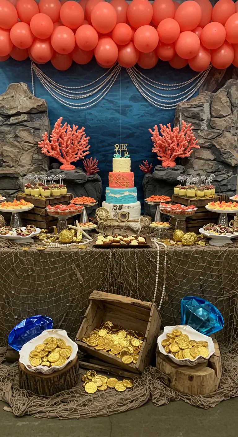 Buffet trésor de sirène avec des pièces d'or, des bijoux et un gâteau à étages.