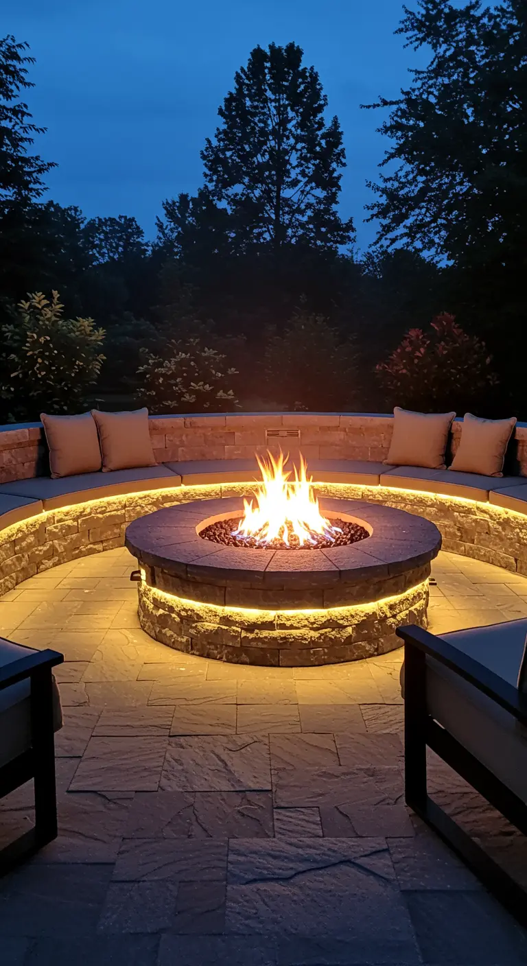 Brasero circulaire en pierre avec un banc intégré, éclairé par une bande LED sous l'assise.