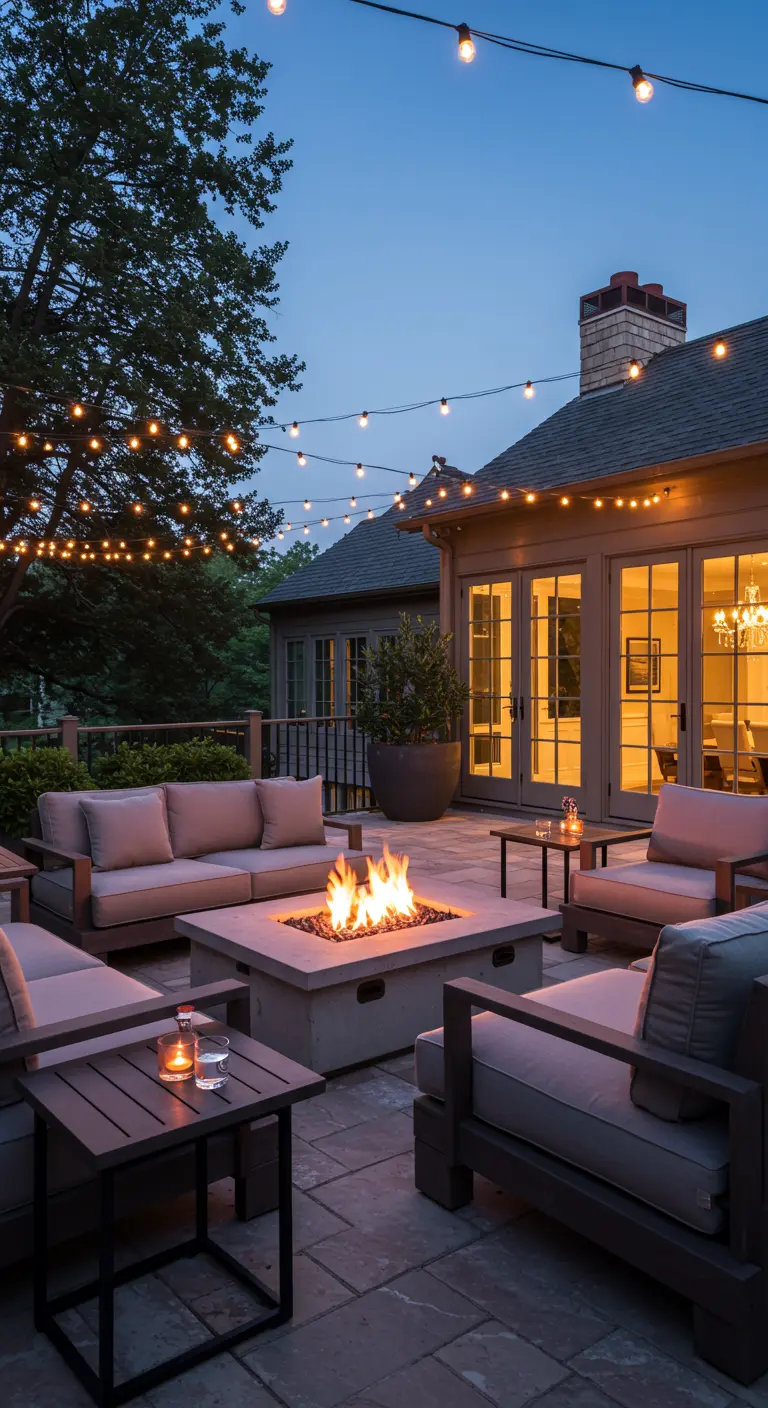 Terrasse avec un grand foyer central, des canapés confortables et des guirlandes lumineuses.