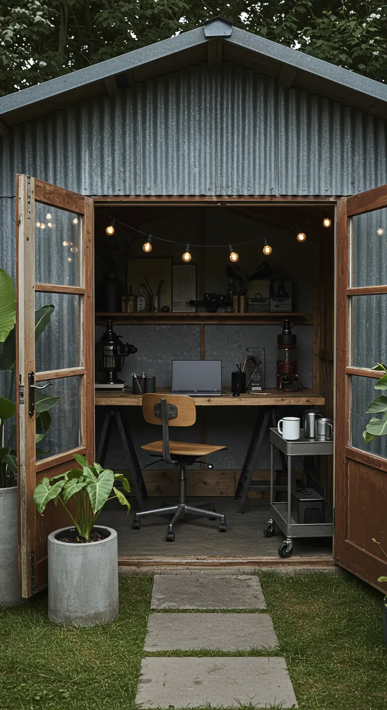Bureau aménagé dans un cabanon de jardin en tôle ondulée avec guirlande lumineuse et plantes.