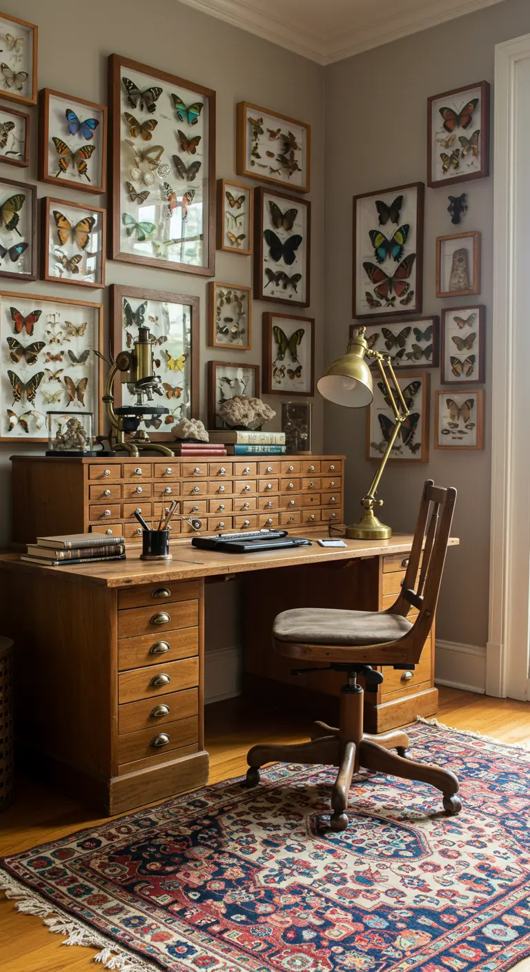 Bureau d'apothicaire en bois avec un mur couvert de cadres de papillons et un microscope.