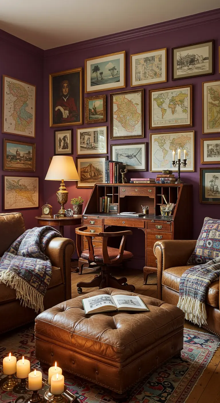 Bureau pourpre avec secrétaire ancien, fauteuils en cuir, et mur de cadres vintage.
