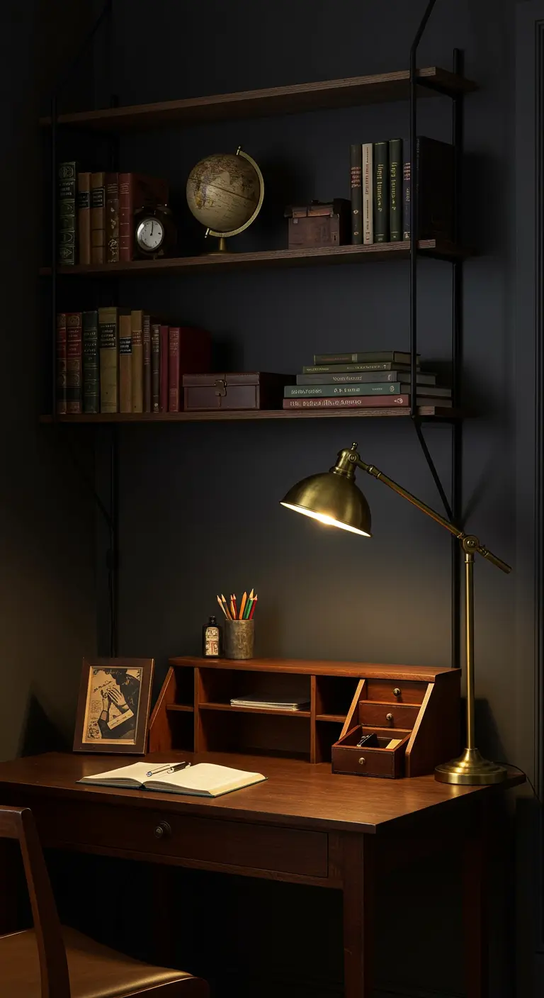 Bureau en bois sombre de style classique avec une lampe en laiton et des livres anciens.