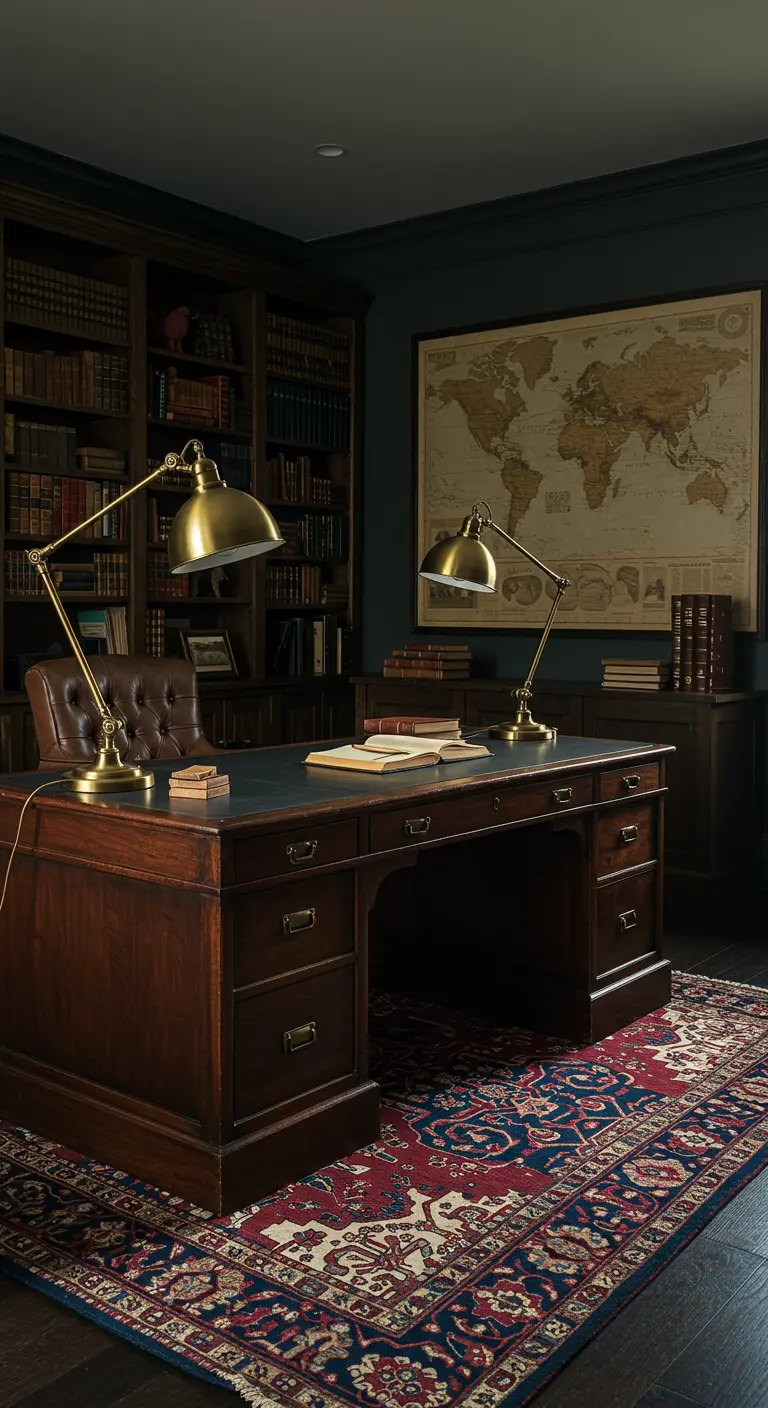 Bureau de direction en bois sombre dans une pièce aux murs foncés, avec bibliothèques intégrées.