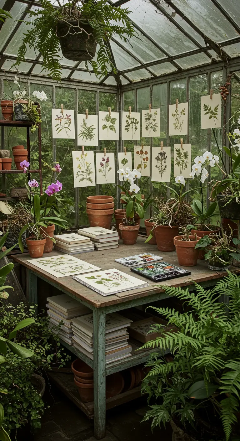 Table de travail d'illustrateur botanique dans une serre, entourée de plantes et de dessins de fleurs.