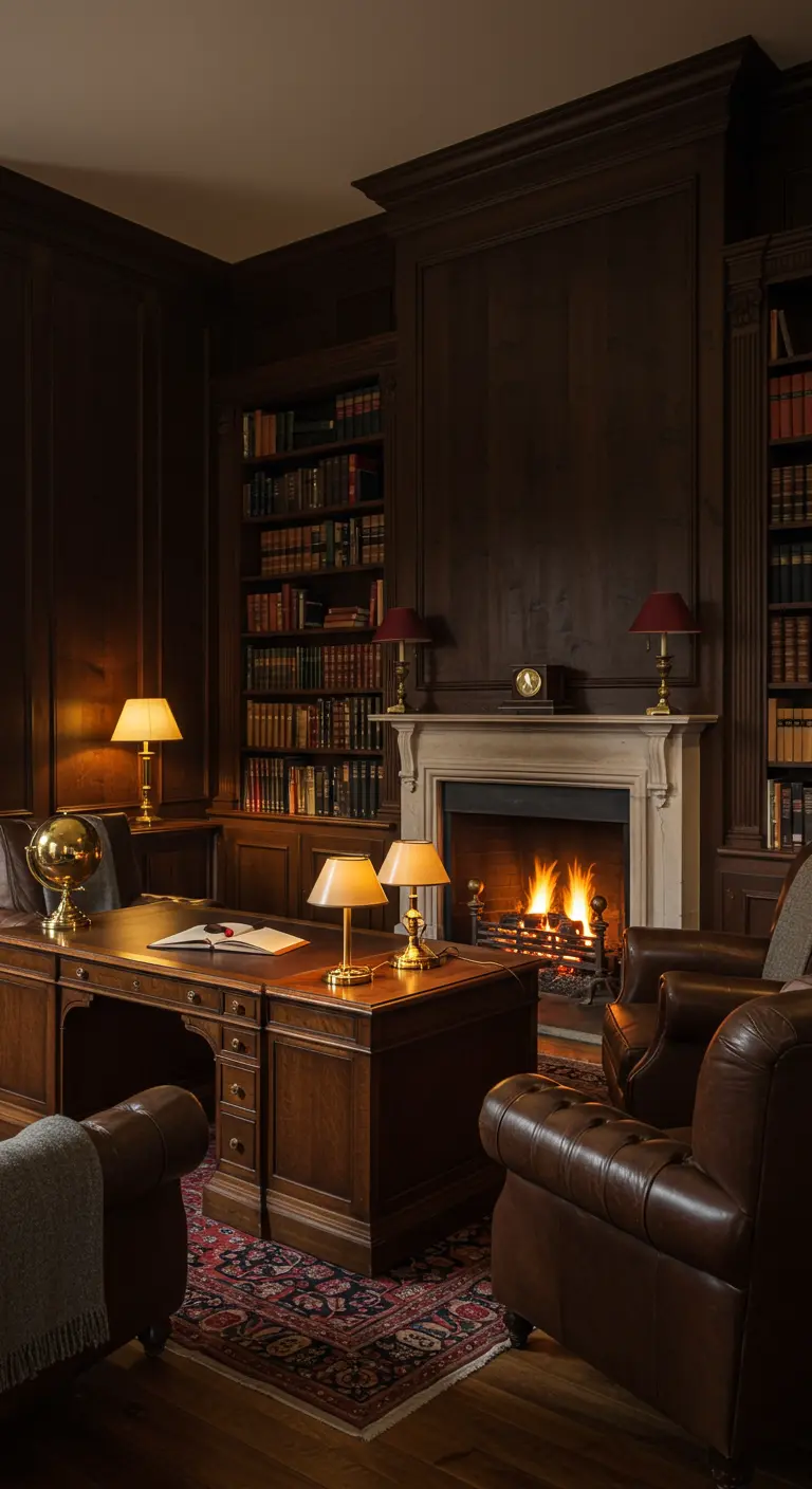 Bureau classique avec cheminée, bibliothèques en bois sombre et lampes chaudes