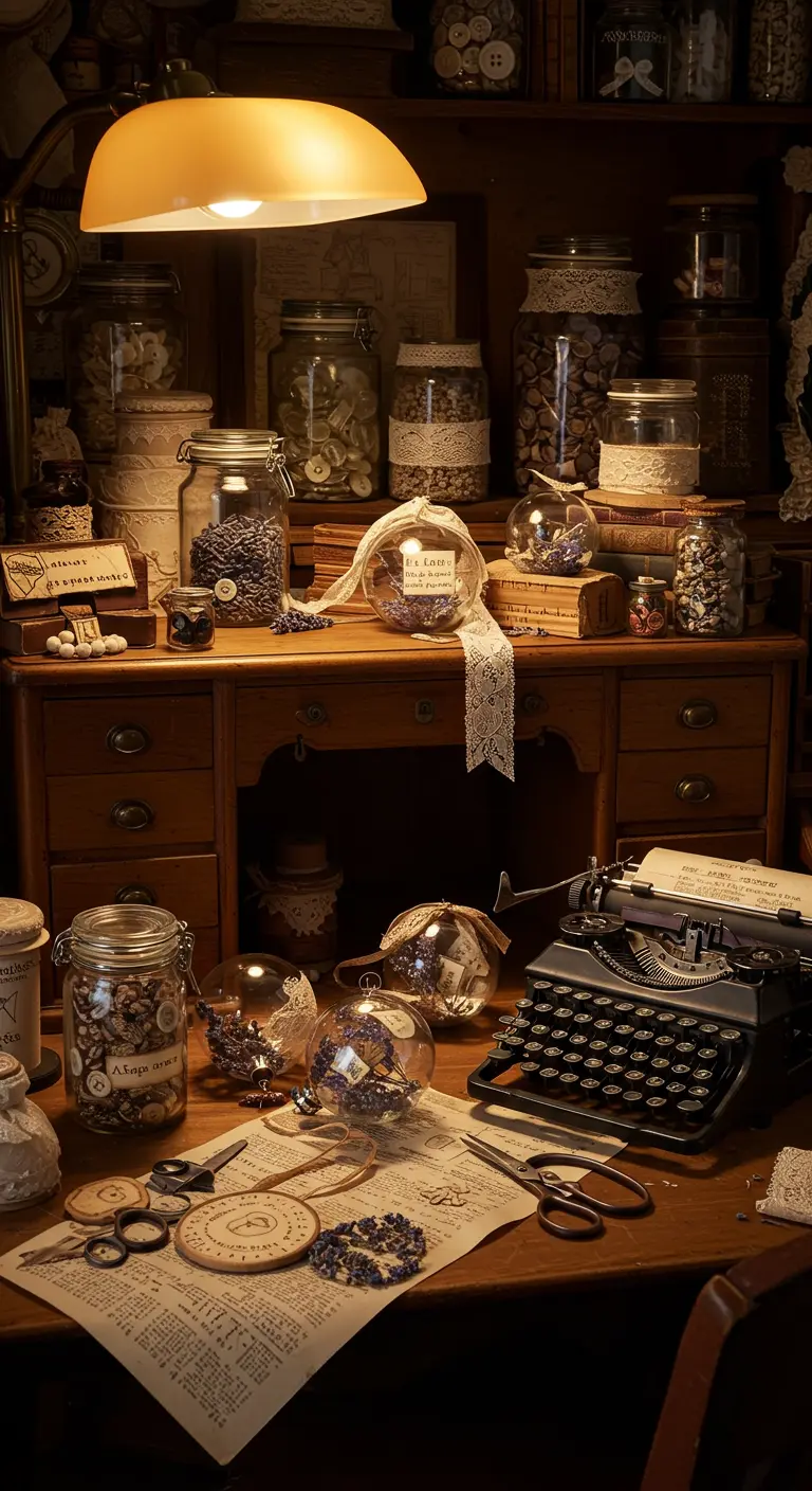 Boules de Noël DIY sur un bureau vintage avec une machine à écrire.