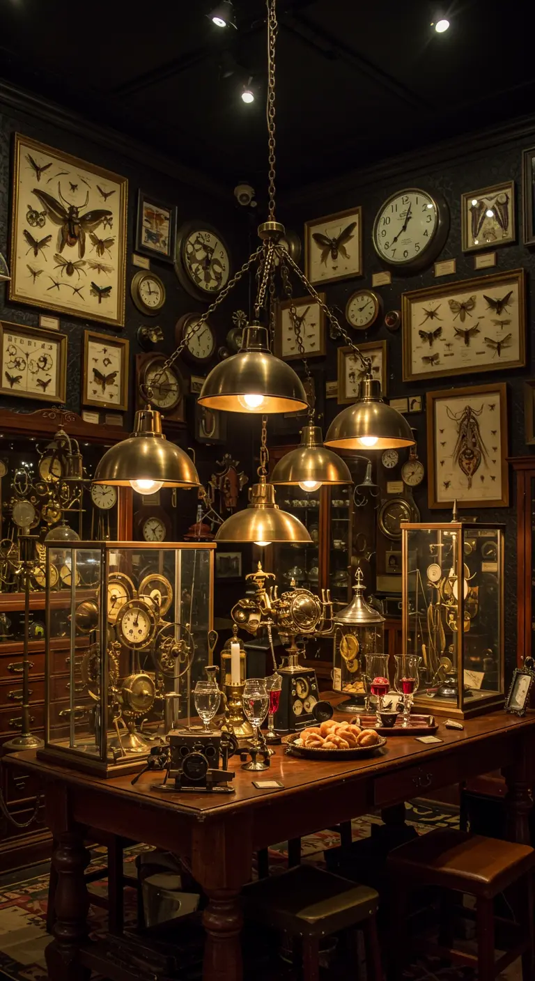 Table de salle à manger Steampunk avec vitrines d'objets mécaniques, lampes industrielles et murs couverts d'horloges.