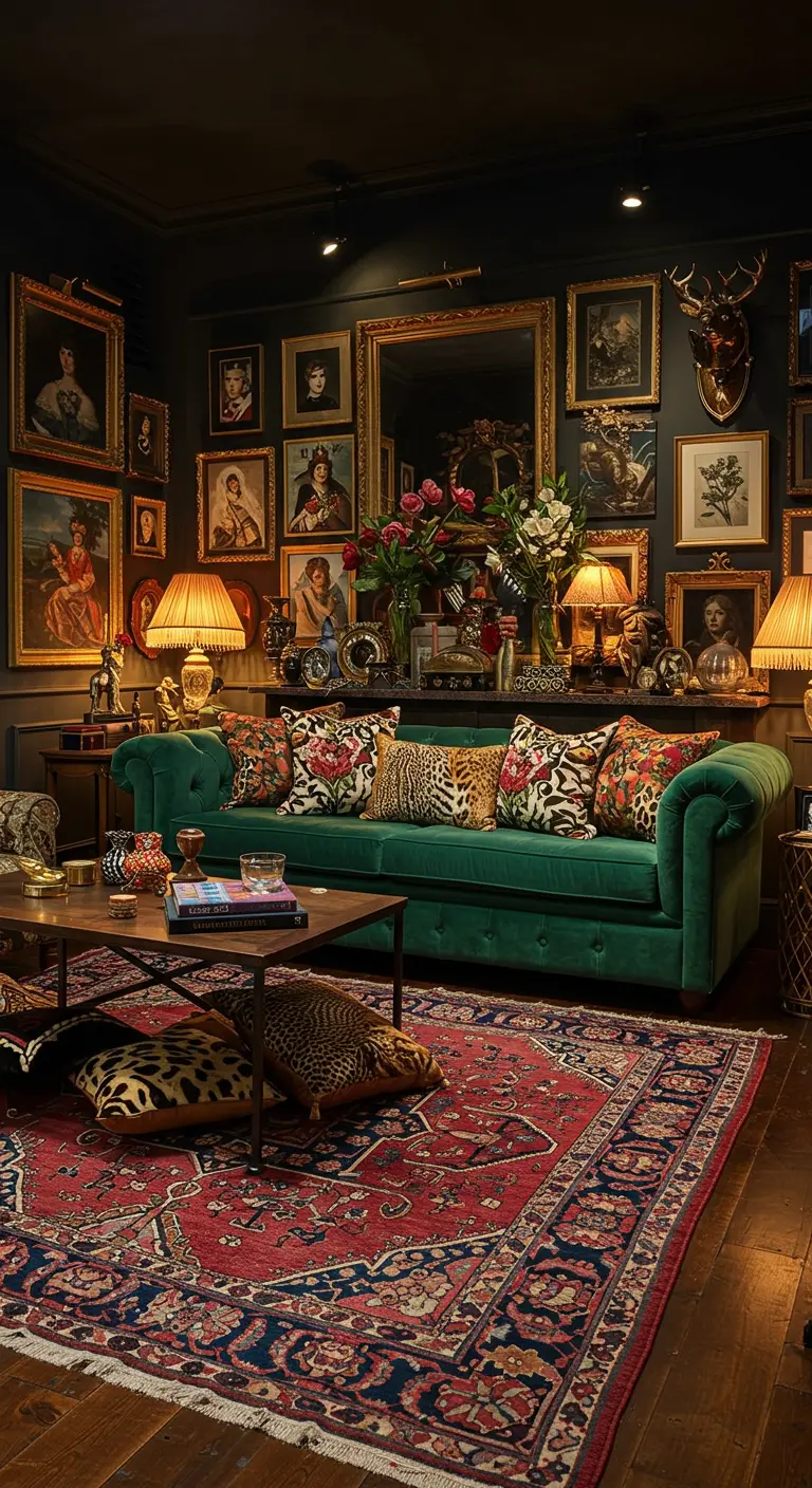 Salon maximaliste avec canapé en velours vert, mur de tableaux et tapis persan.