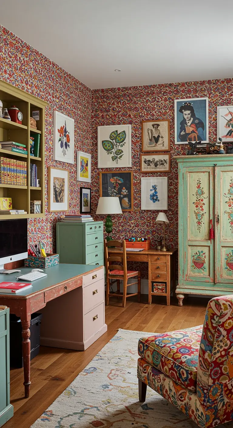 Bureau éclectique et coloré avec du papier peint floral et des meubles dépareillés.
