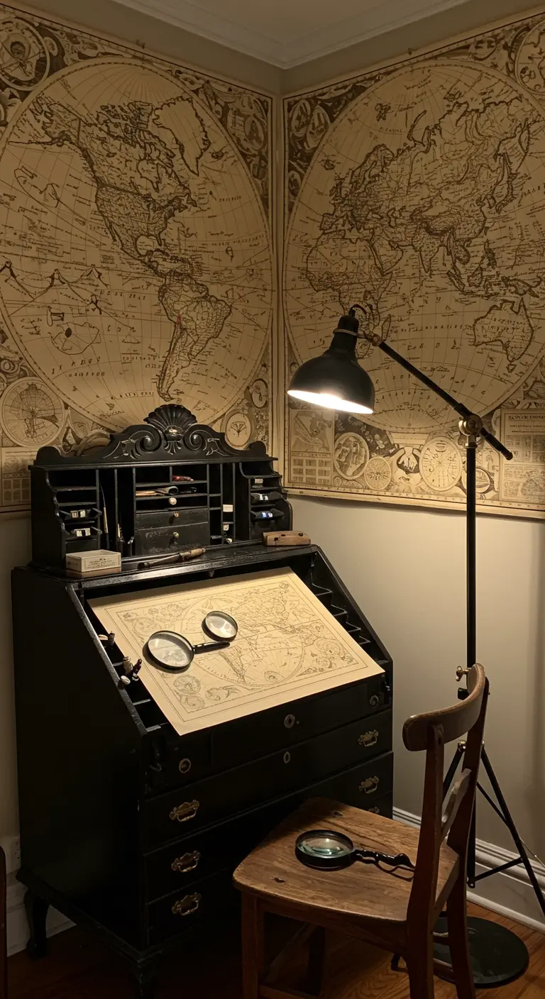 Bureau d'antiquaire de type secrétaire avec des cartes anciennes au mur.