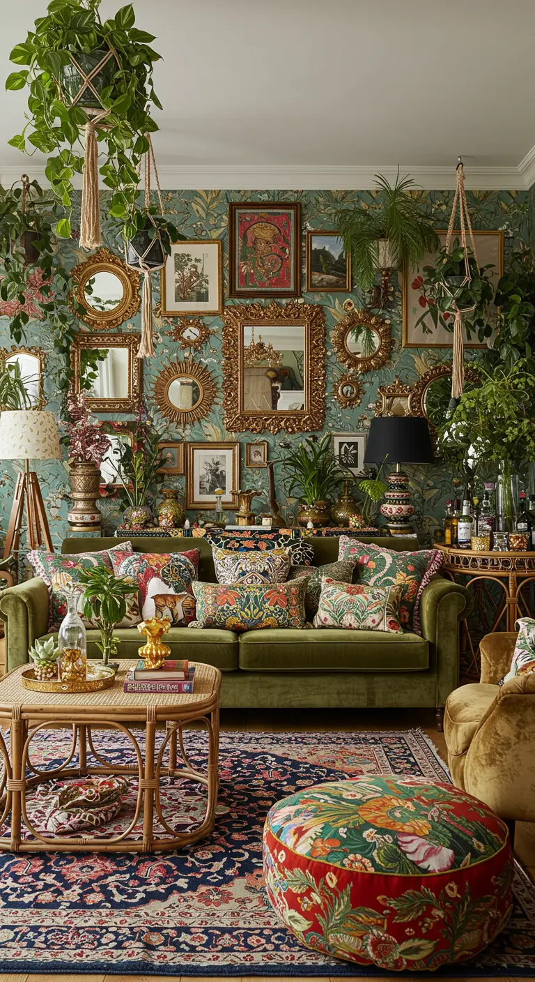Salon maximaliste avec papier peint jungle, canapé en velours vert et accumulation de miroirs.