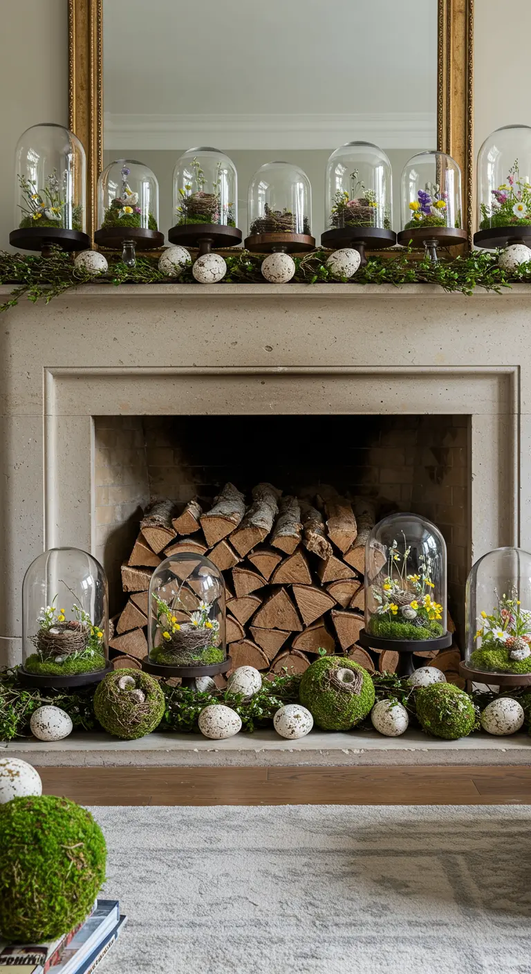 Cheminée décorée de mini-jardins sous cloche, de mousse et d'œufs de Pâques.