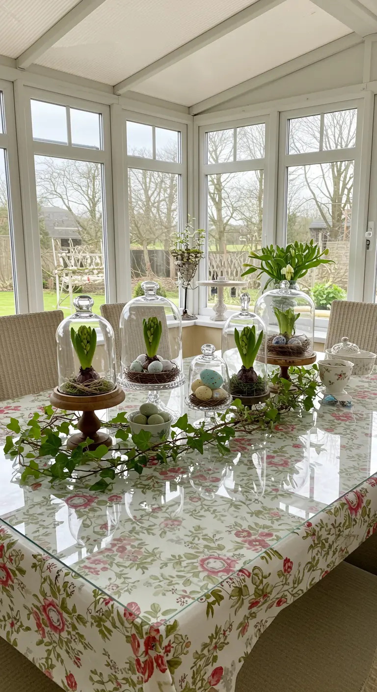 Décor de Pâques avec des jacinthes et des œufs sous des cloches en verre.