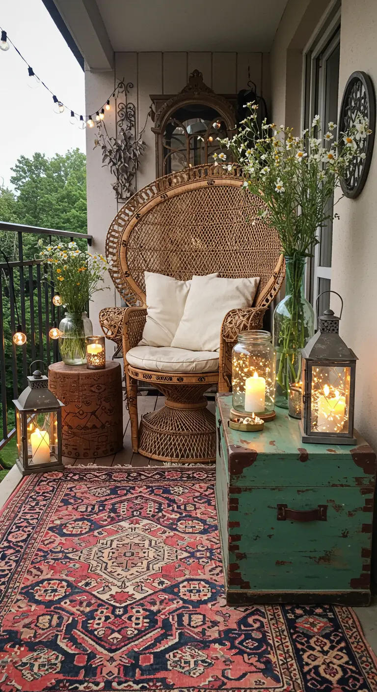 Balcon bohème éclectique avec une chaise paon, une malle vintage et des fleurs sauvages.