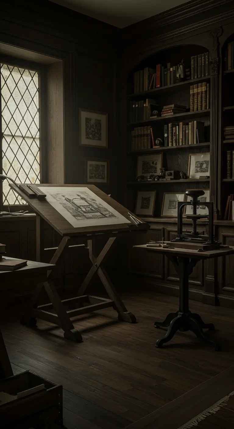 Atelier de graveur sombre et classique avec des meubles en bois, une bibliothèque et une presse.